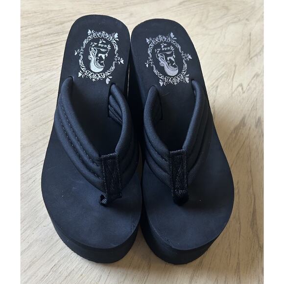 Y2K Platform Flip Flop Sandals Woman’s 6/6.5 Black Thong Chunky Heel Goth Grunge - Picture 6 of 10